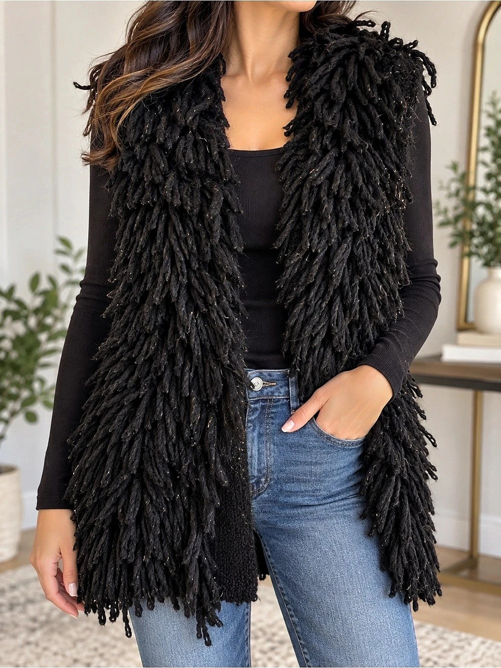 Eileen Fisher Black Mohair Shaggy Fringe Vest Size S Italian Yarn Boho Lagenlook